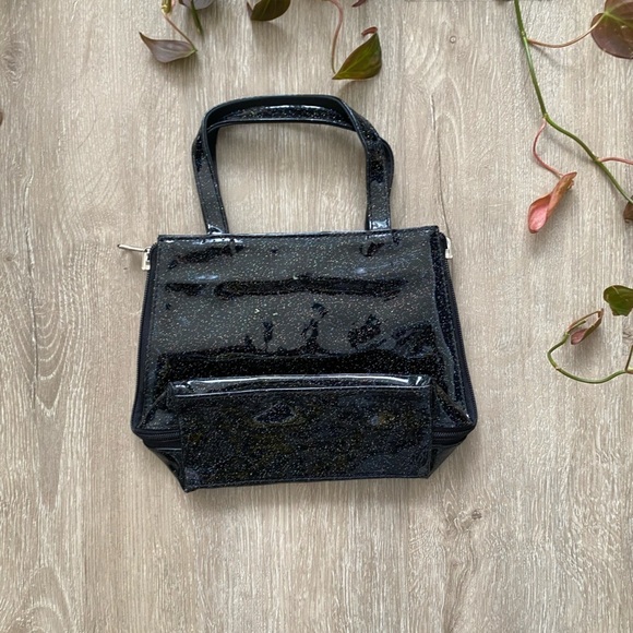 Vintage 90’s Black PVC Shiny Glitter Mini Tote Bag Side Zips - Picture 2 of 8